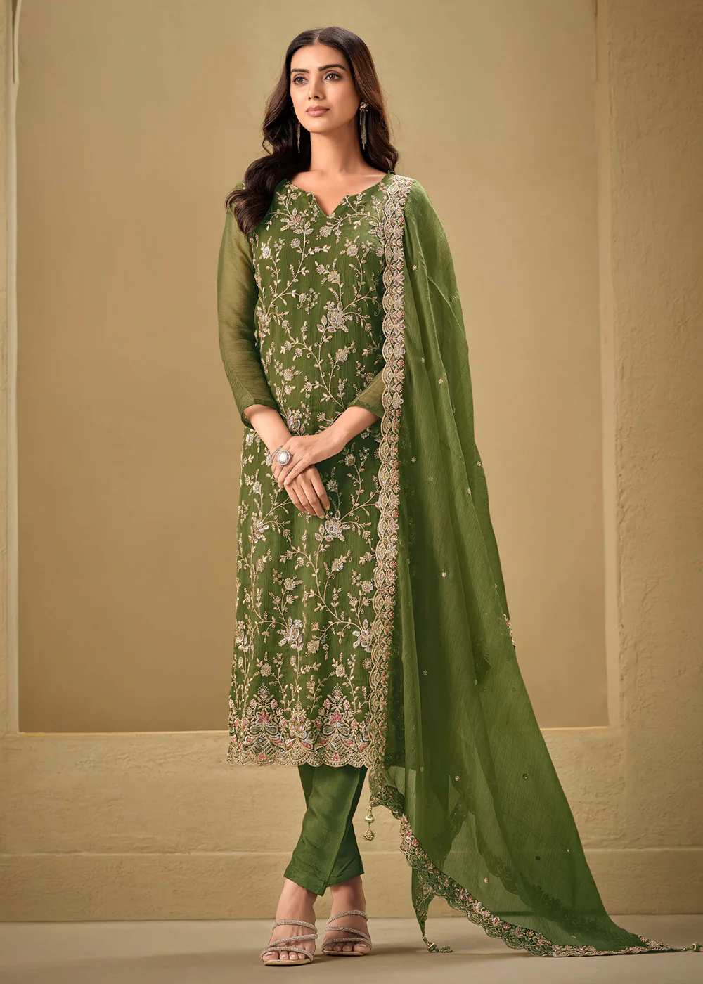 Embroidered Sequins Green Organza Pant Style Suit