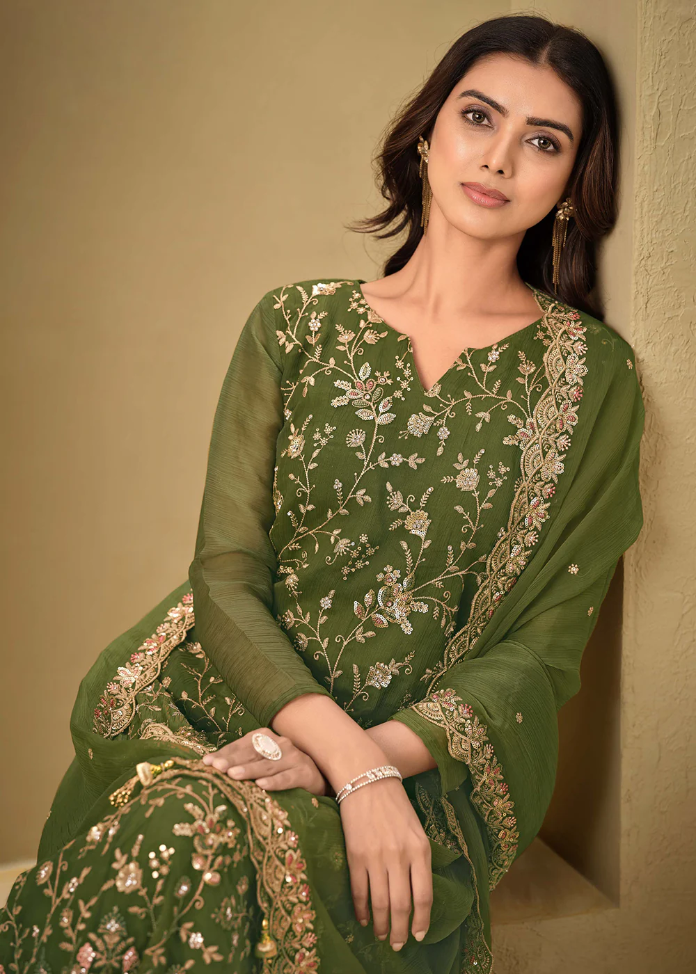 Embroidered Sequins Green Organza Pant Style Suit - Image 2
