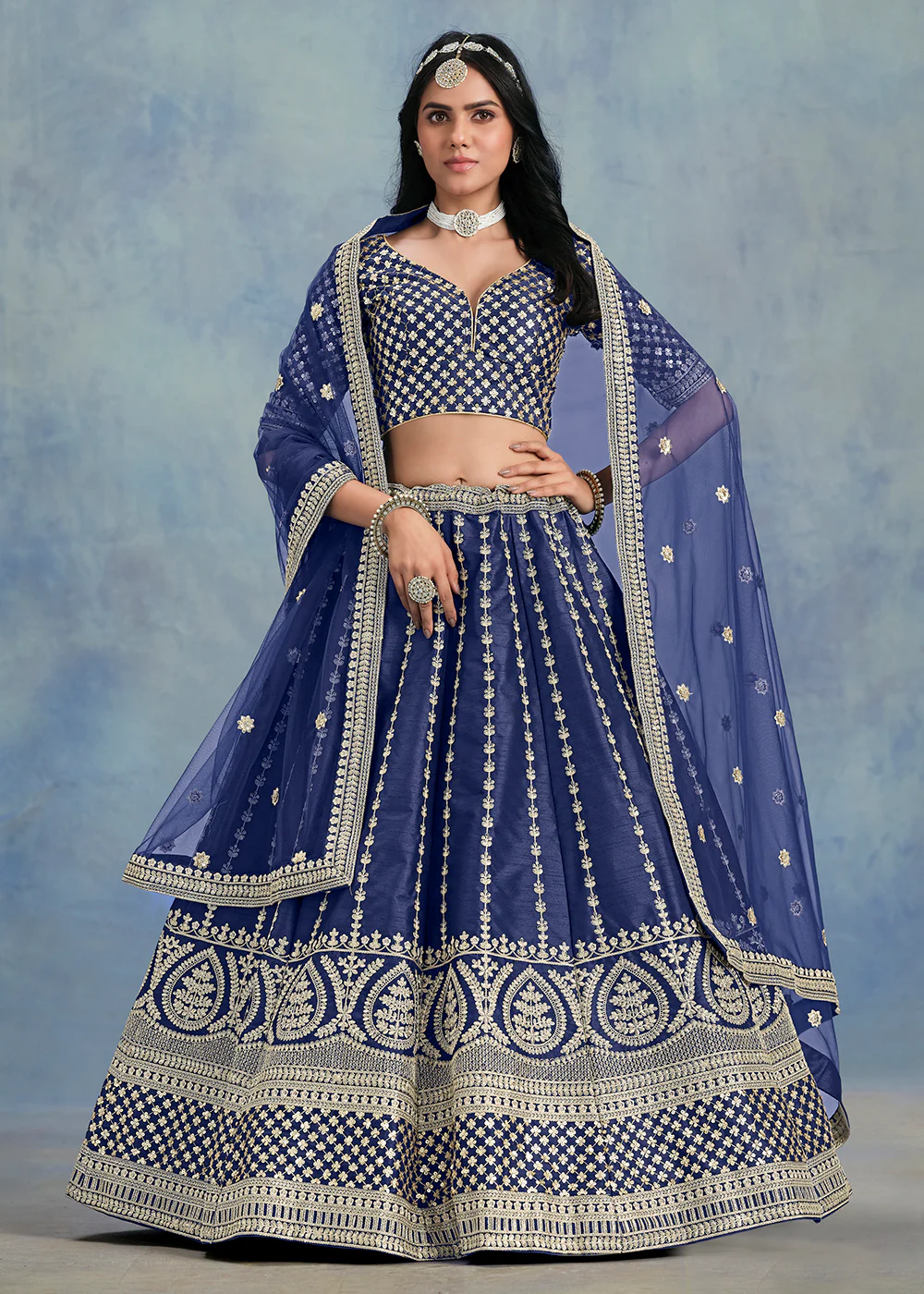 Embroidered & Sequins Navy Blue Wedding Lehenga Choli