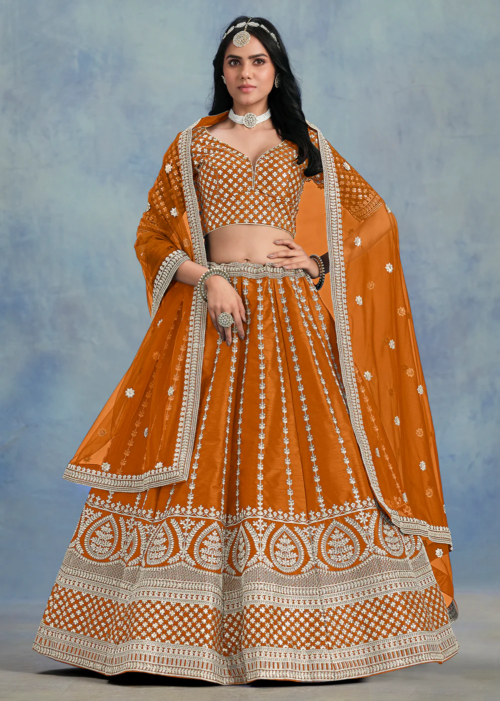 Embroidered & Sequins Orange Wedding Lehenga Choli
