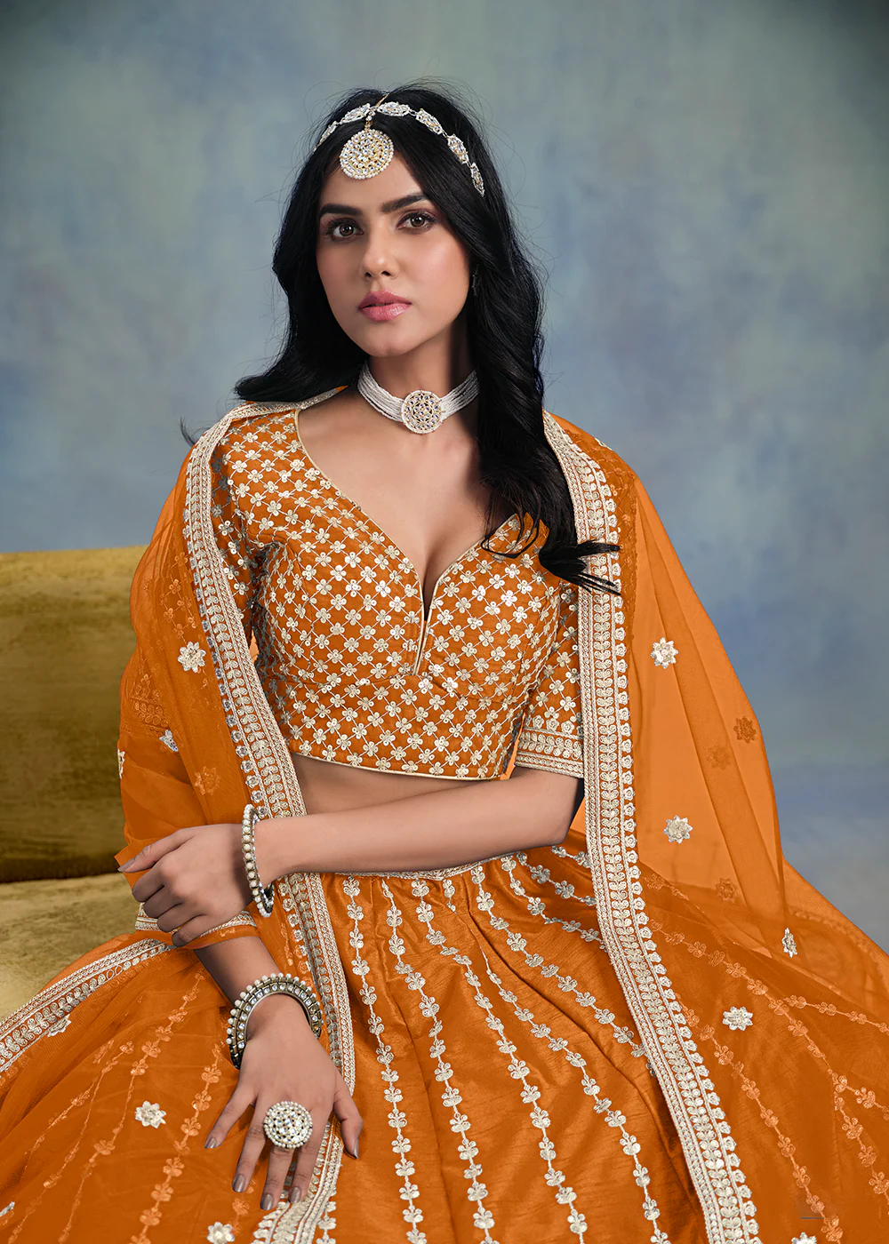 Embroidered & Sequins Orange Wedding Lehenga Choli - Image 2