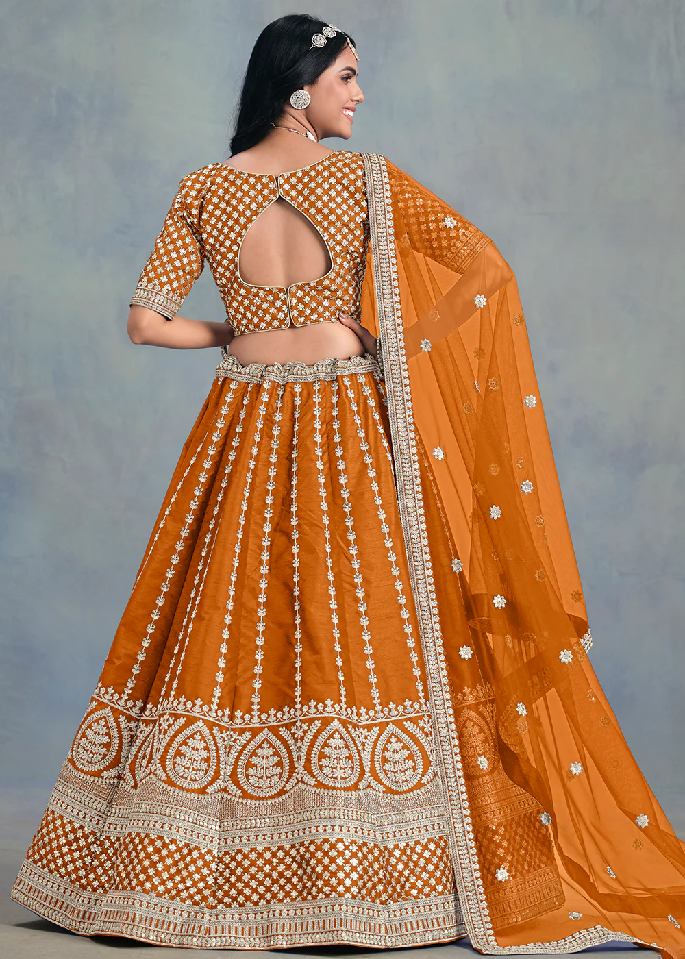 Embroidered & Sequins Orange Wedding Lehenga Choli - Image 3