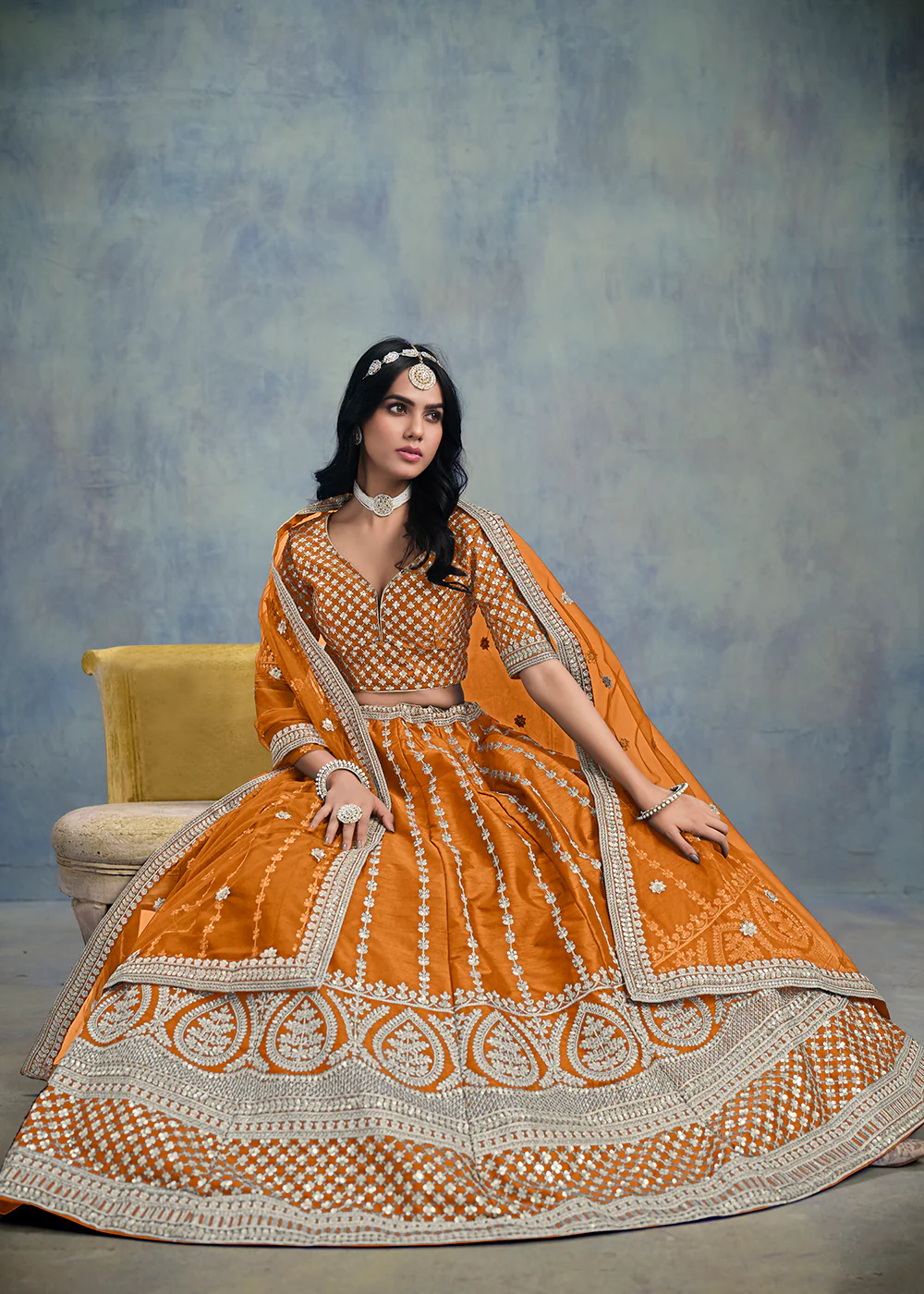 Embroidered & Sequins Orange Wedding Lehenga Choli - Image 4