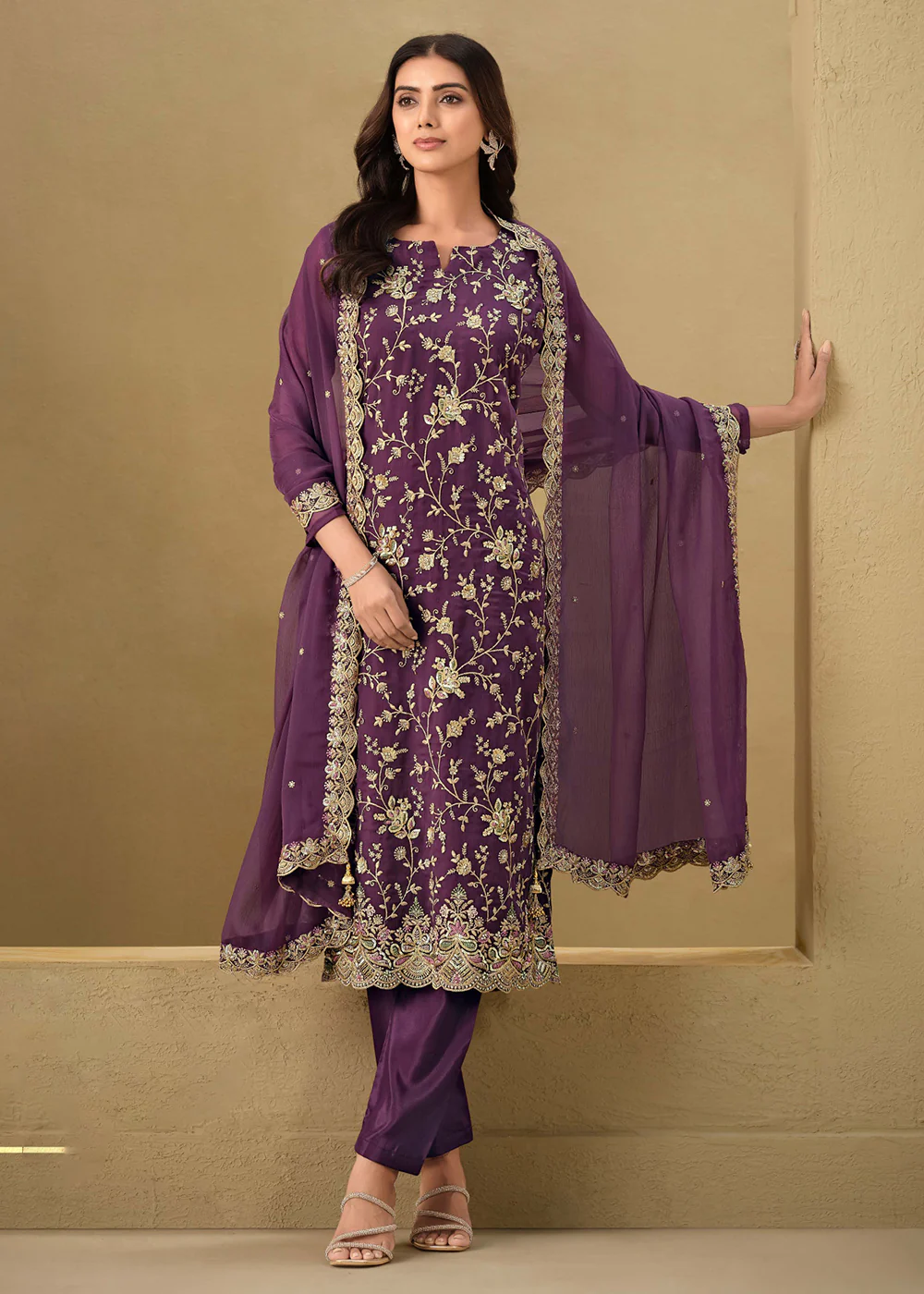 Embroidered Sequins Purple Organza Pant Style Suit