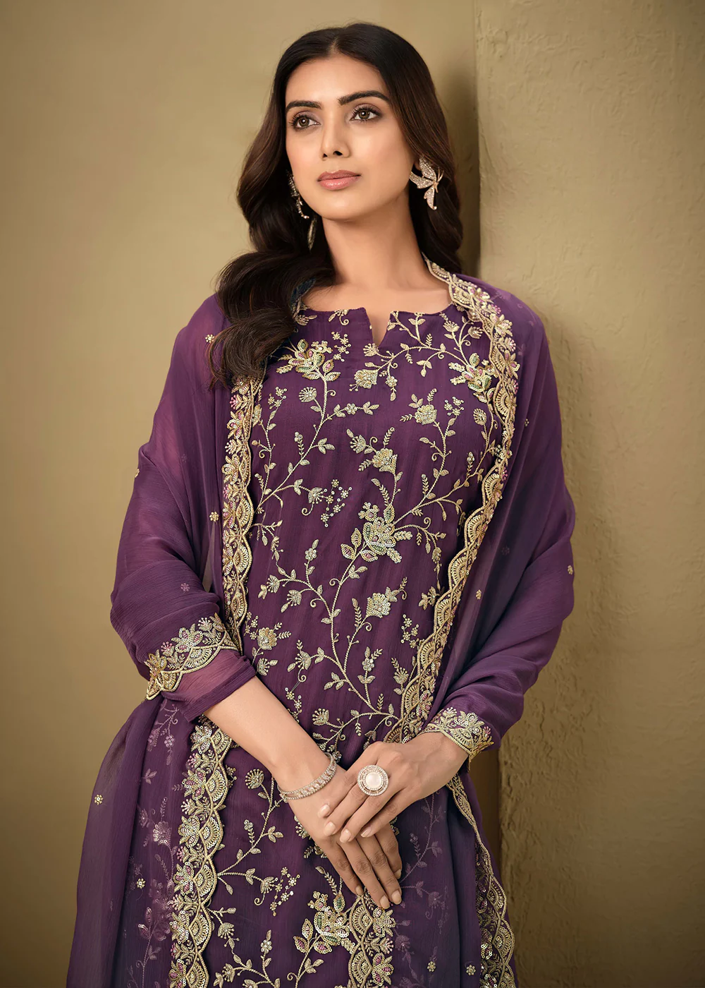 Embroidered Sequins Purple Organza Pant Style Suit - Image 2