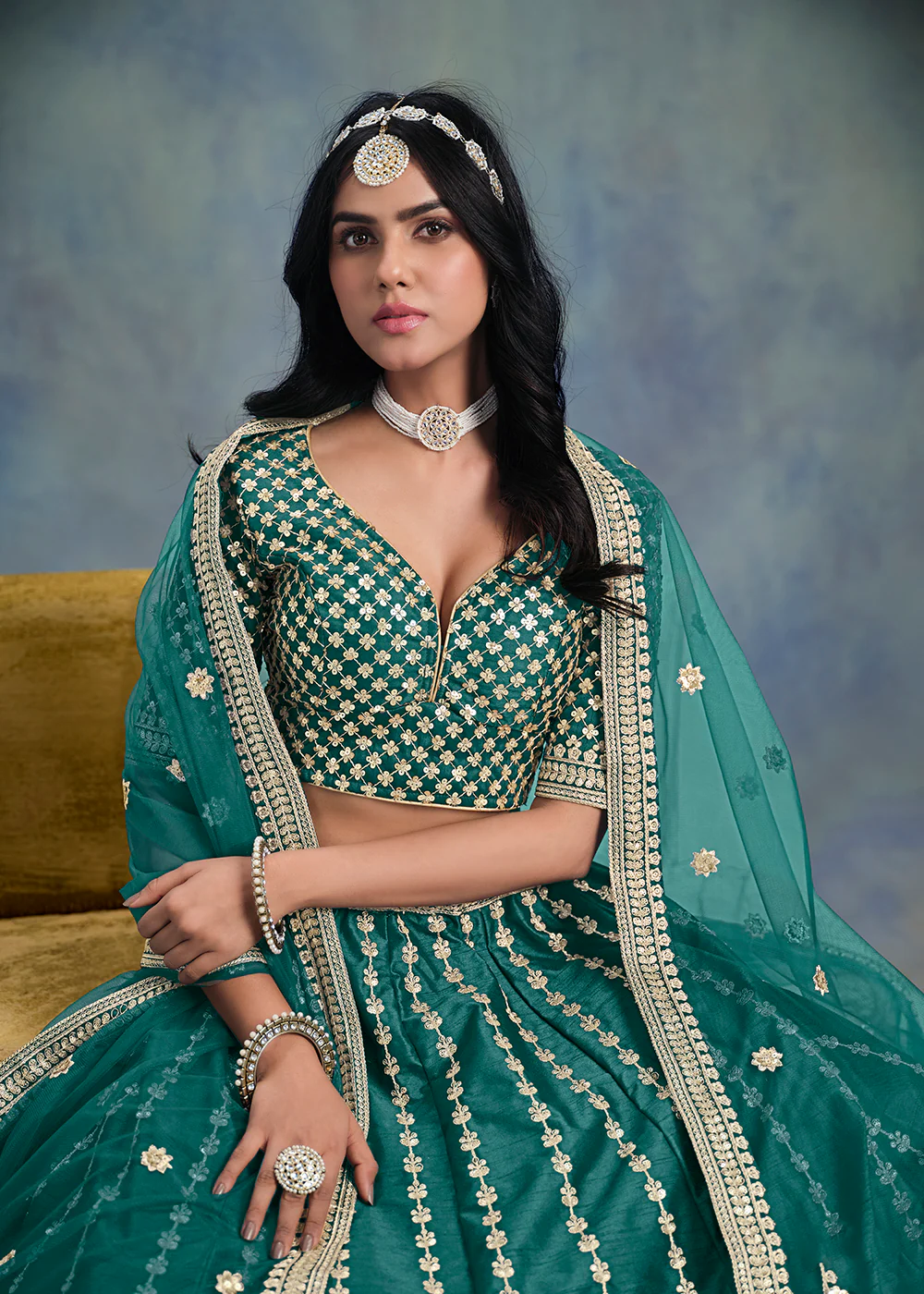 Embroidered & Sequins Rama Green Wedding Lehenga Choli - Image 2