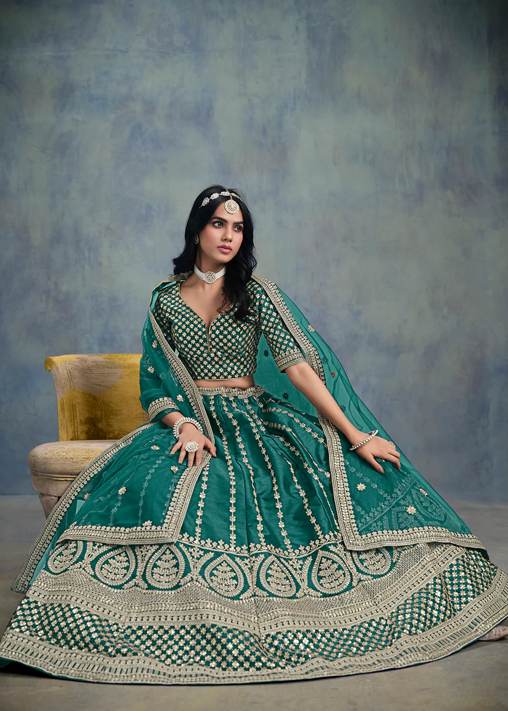 Embroidered & Sequins Rama Green Wedding Lehenga Choli - Image 4