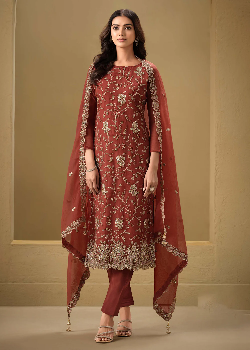 Embroidered Sequins Rust Organza Pant Style Suit