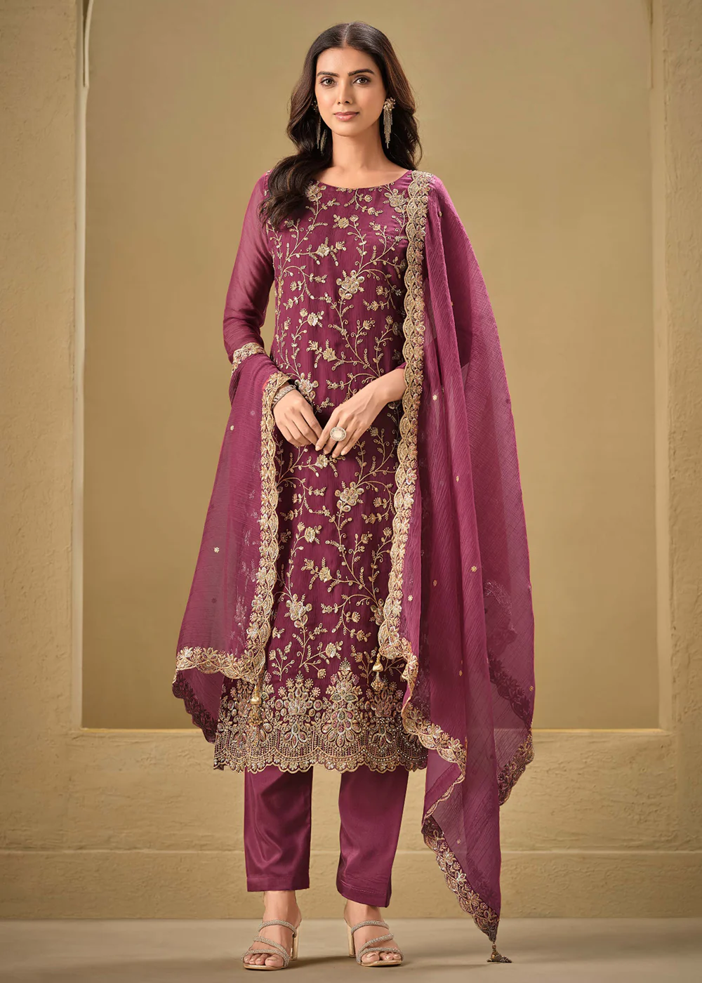 Embroidered Sequins Wine Organza Pant Style Suit