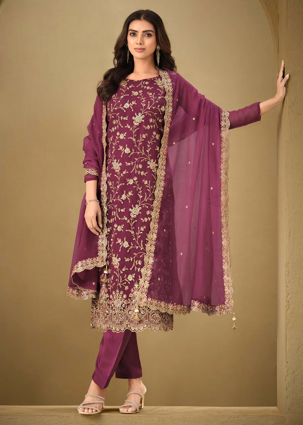 Embroidered Sequins Wine Organza Pant Style Suit - Image 3