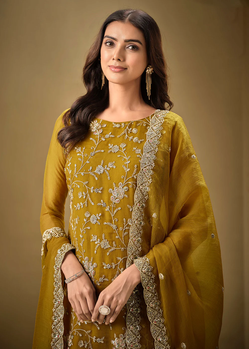 Embroidered Sequins Yellow Organza Pant Style Suit - Image 2