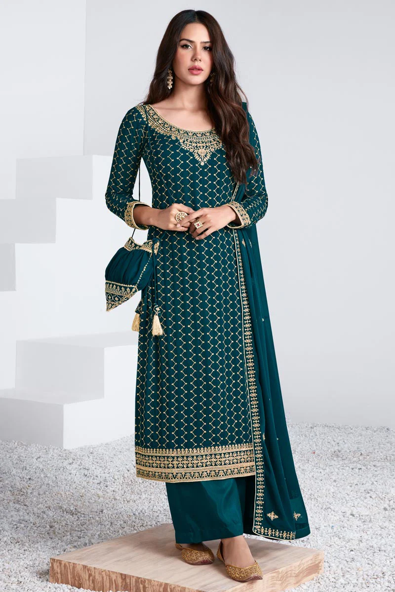 Embroidered Teal Blue Georgette Palazzo Suit
