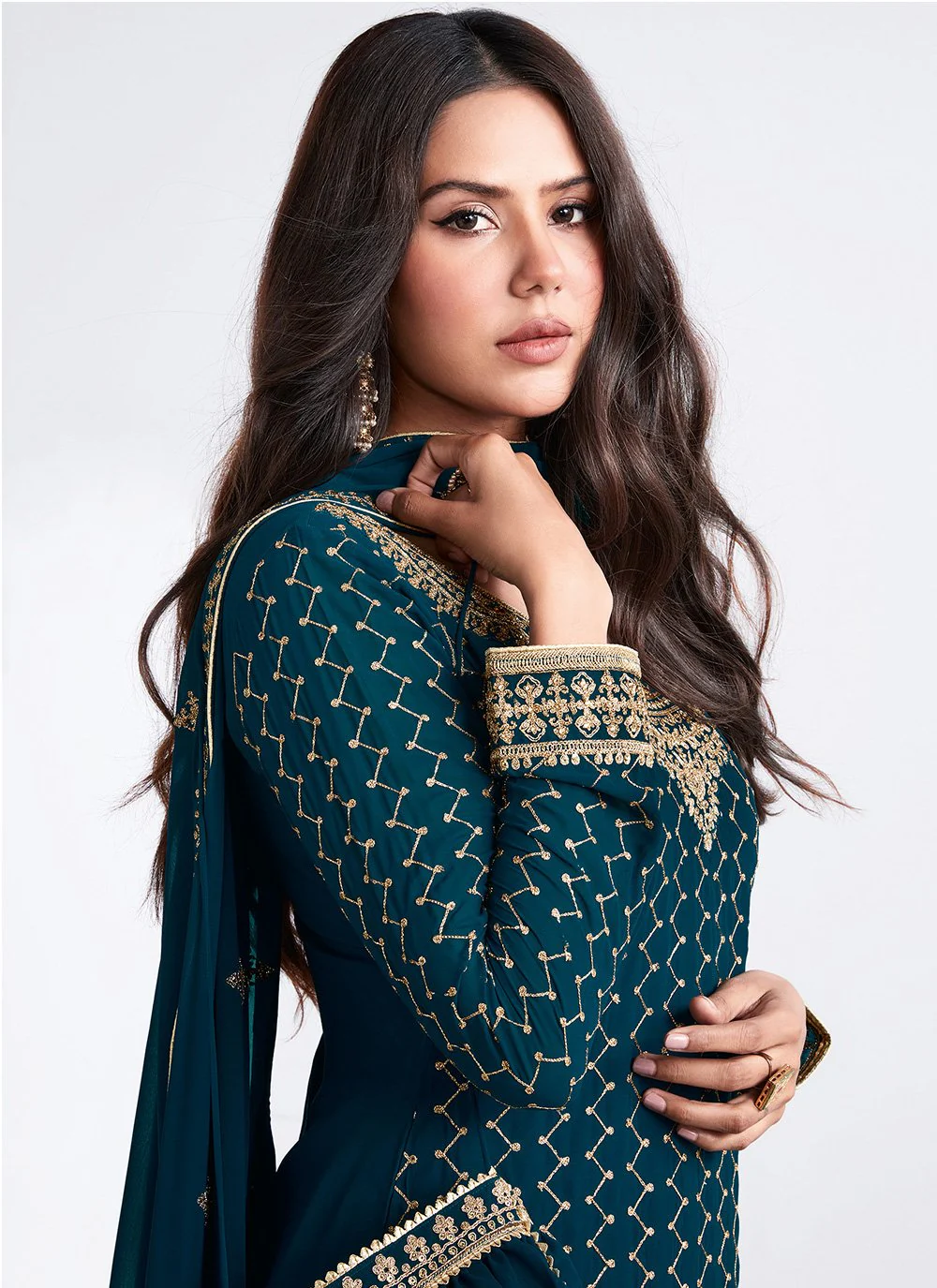 Embroidered Teal Blue Georgette Palazzo Suit - Image 3
