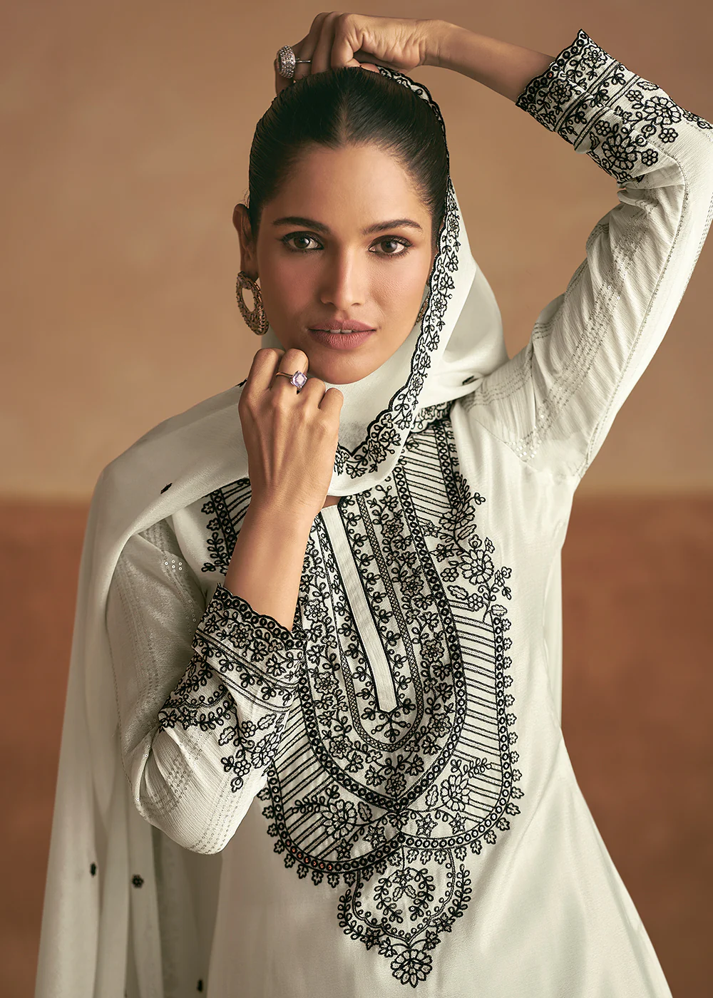 Embroidered White Real Chinnon Palazzo Style Suit - Image 2