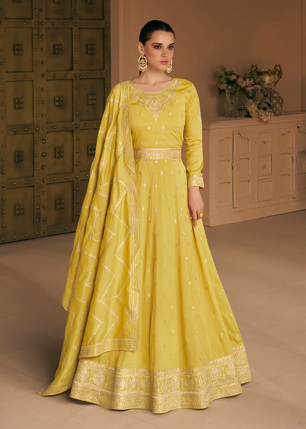 Embroidered Yellow Premium Silk Haldi Wear Anarkali Suit