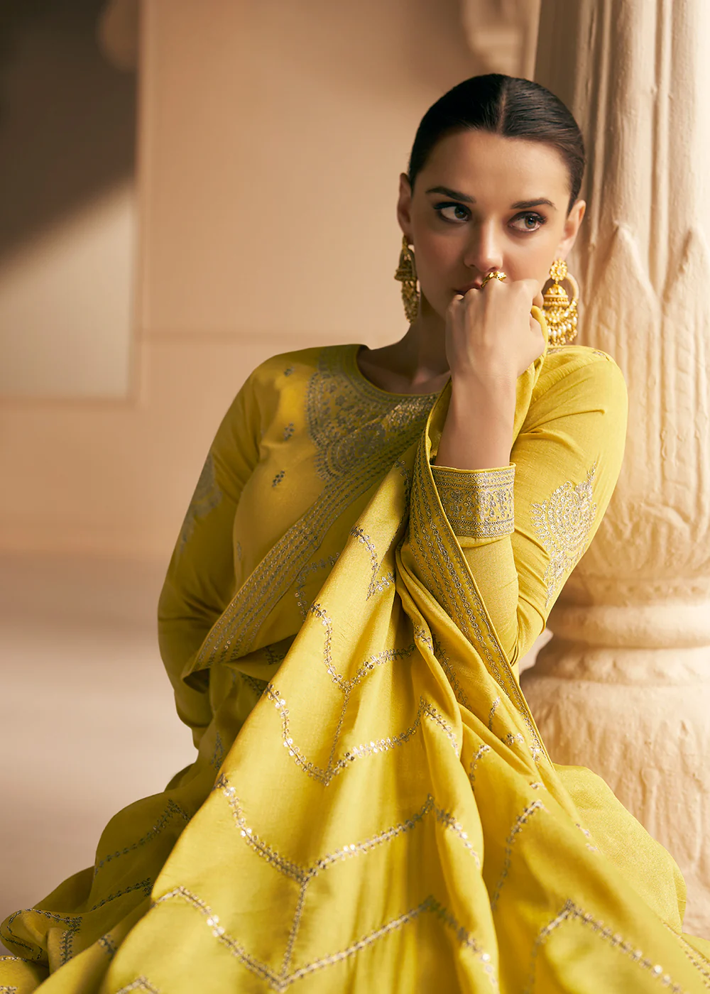 Embroidered Yellow Premium Silk Haldi Wear Anarkali Suit - Image 5