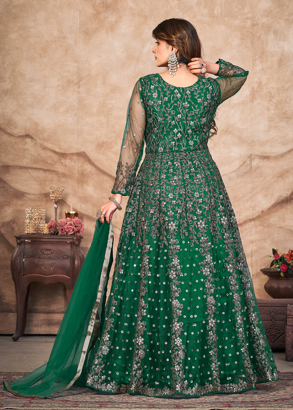 Emerald Green Net Embroidered Pant Style Anarkali Suit - Image 2