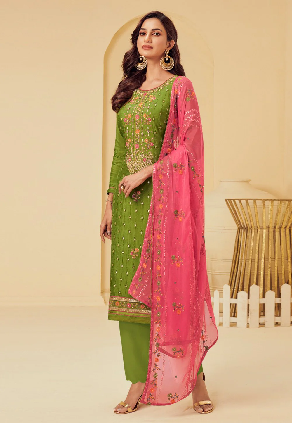 Emerald Green Pakistani Style Embroidered Suit - Image 3