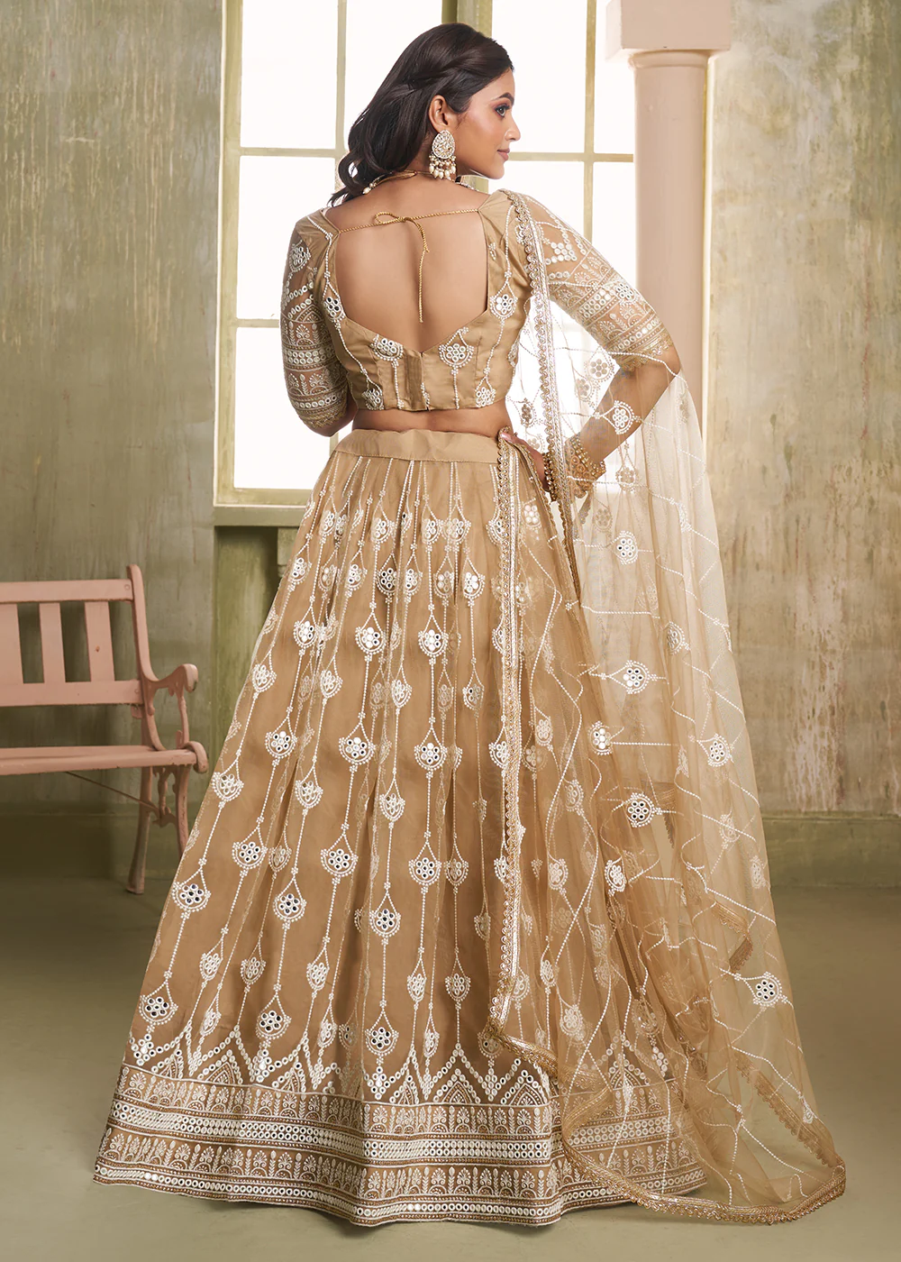 Enchanting Beige Net Wedding Festive Lehenga Choli - Image 3