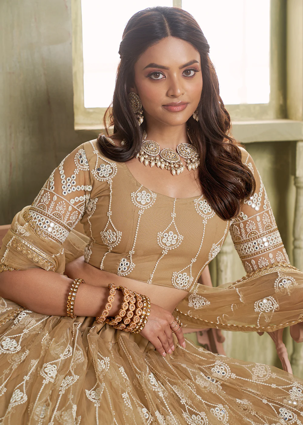 Enchanting Beige Net Wedding Festive Lehenga Choli - Image 5