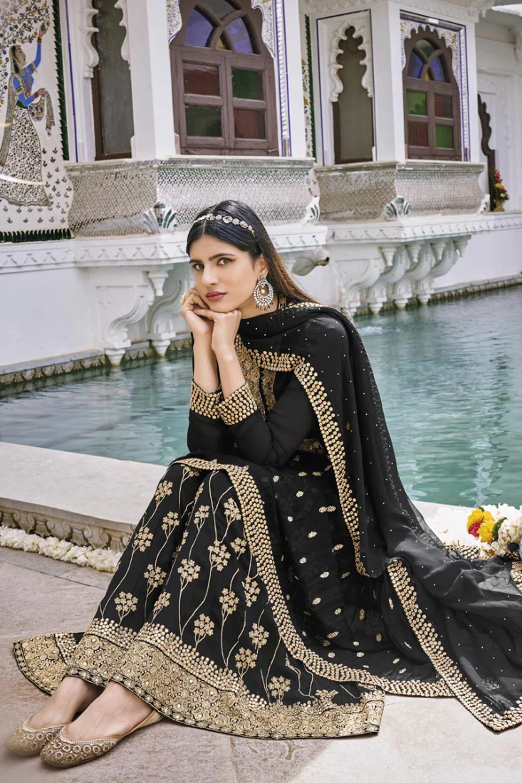 Enchanting Black Pure Georgette Embroidered Sharara Suit - Image 3