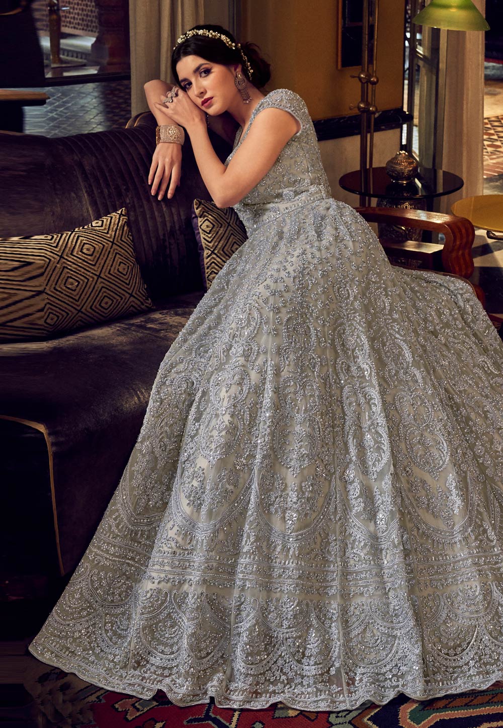 Enchanting Grey Net Embroidered Designer Anarkali Suit - Image 3