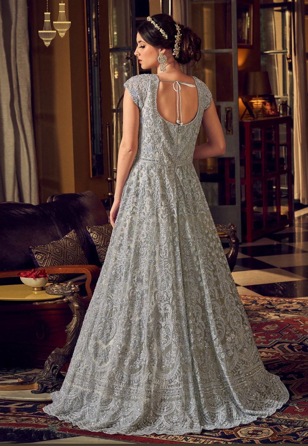 Enchanting Grey Net Embroidered Designer Anarkali Suit - Image 4