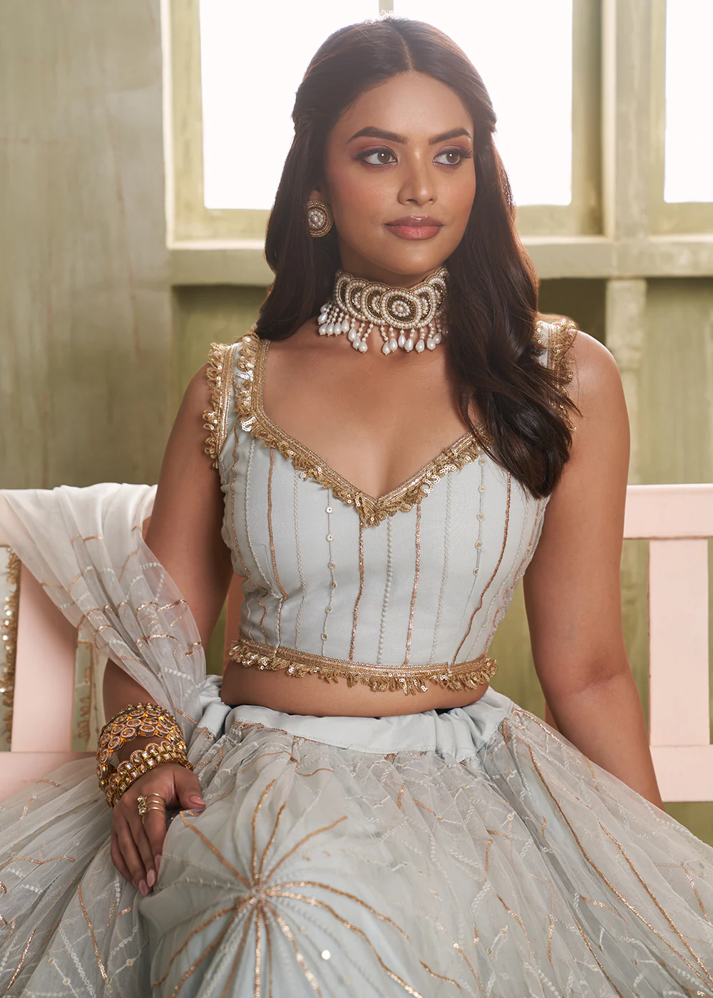 Enchanting Grey Net Wedding Festive Lehenga Choli - Image 2