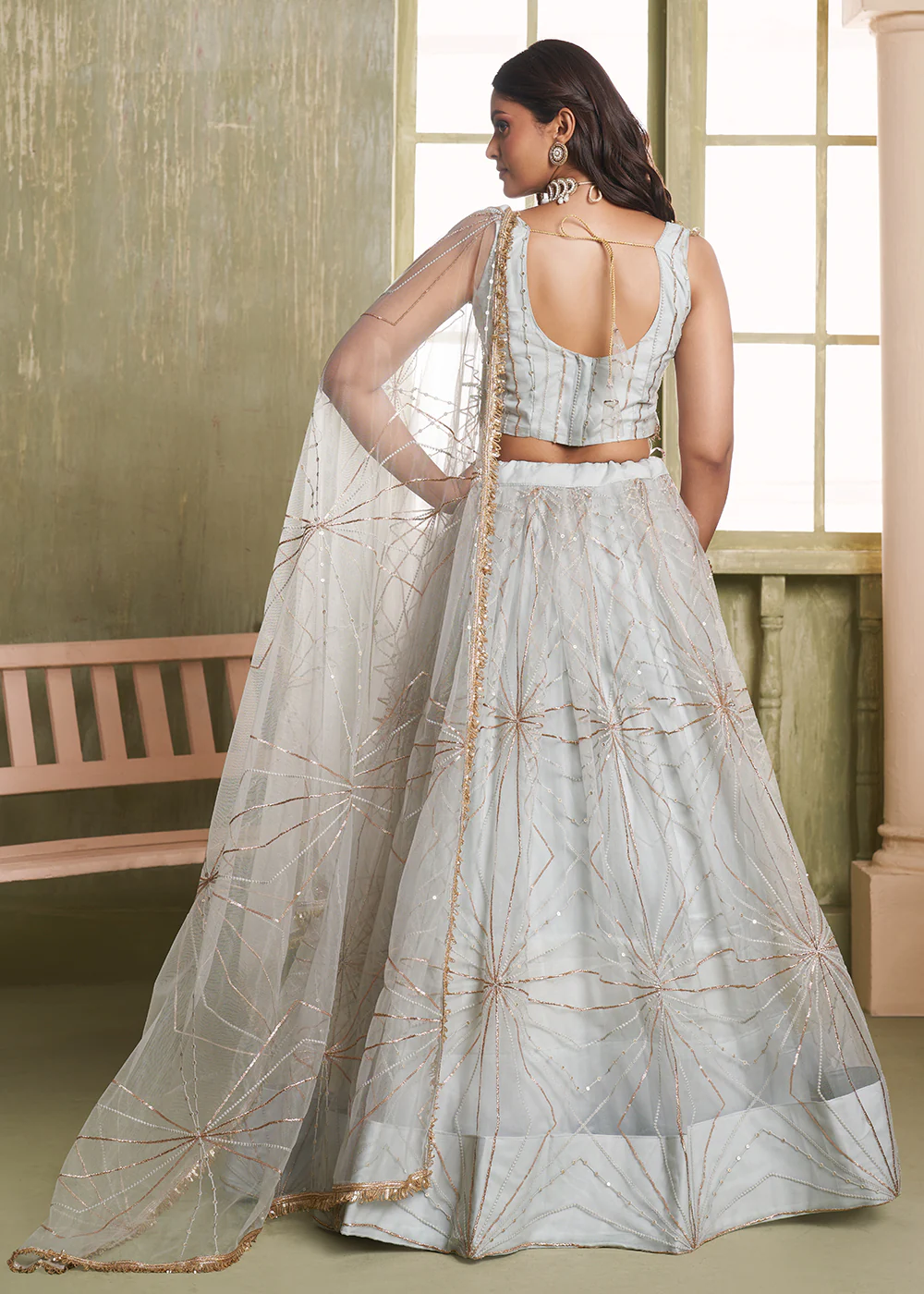 Enchanting Grey Net Wedding Festive Lehenga Choli - Image 3