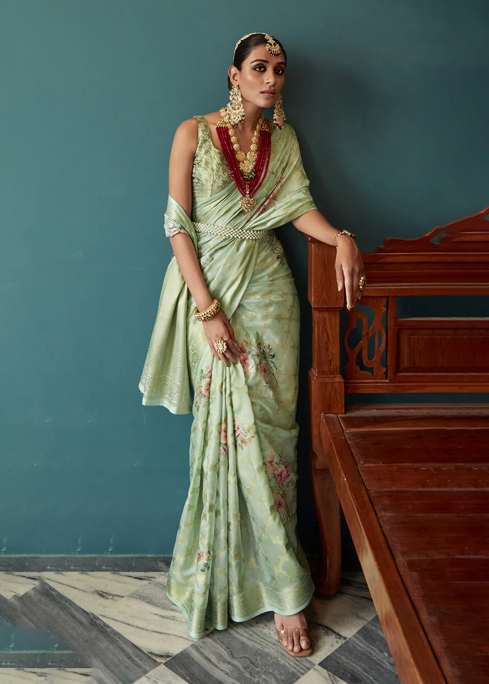 Enchanting Mint Green Floral Printed Soft Silk Designer Saree - Image 5