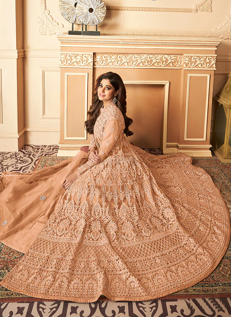 Enchanting Peach Shamita Shetty Designer Anarkali - Image 2