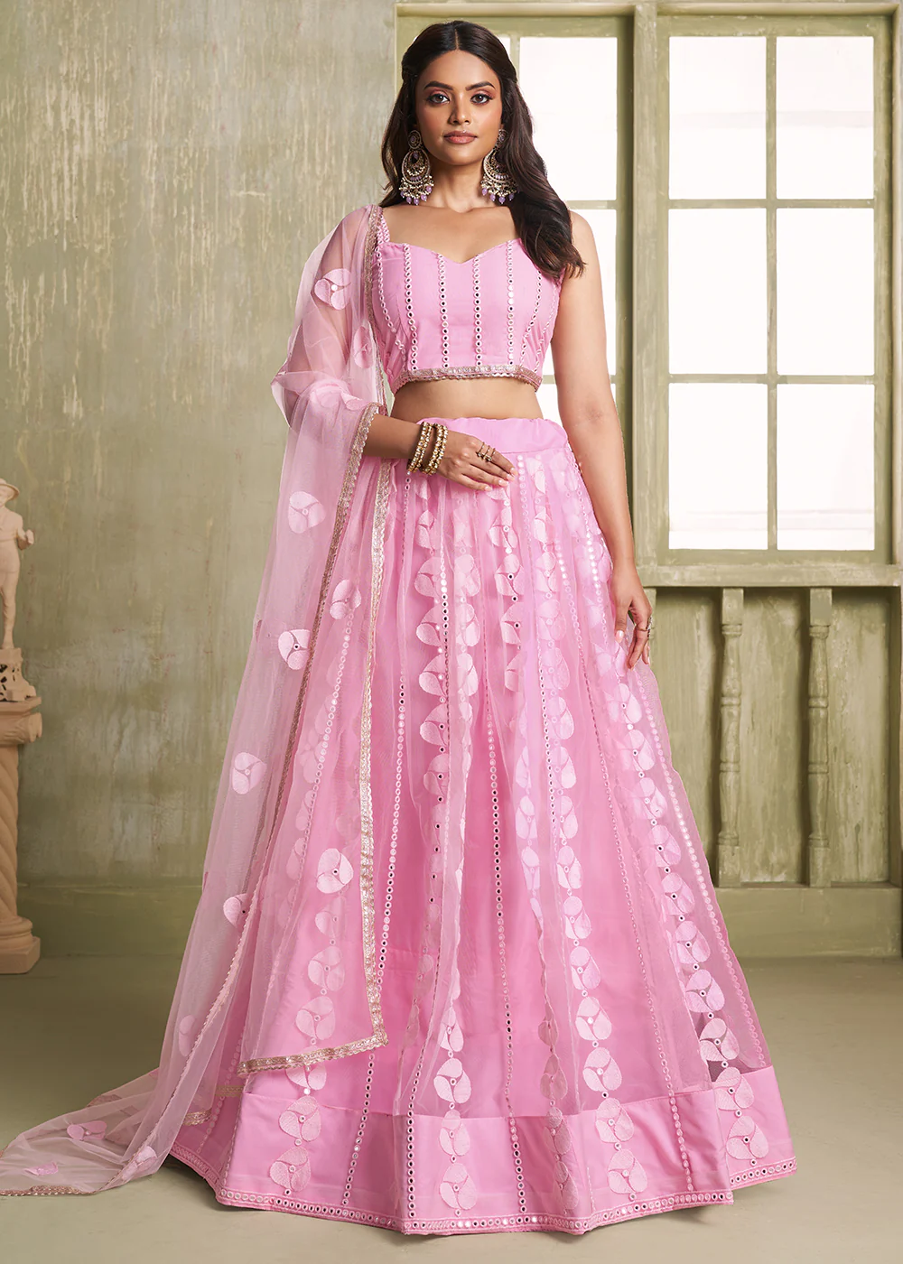 Enchanting Pink Net Wedding Festive Lehenga Choli