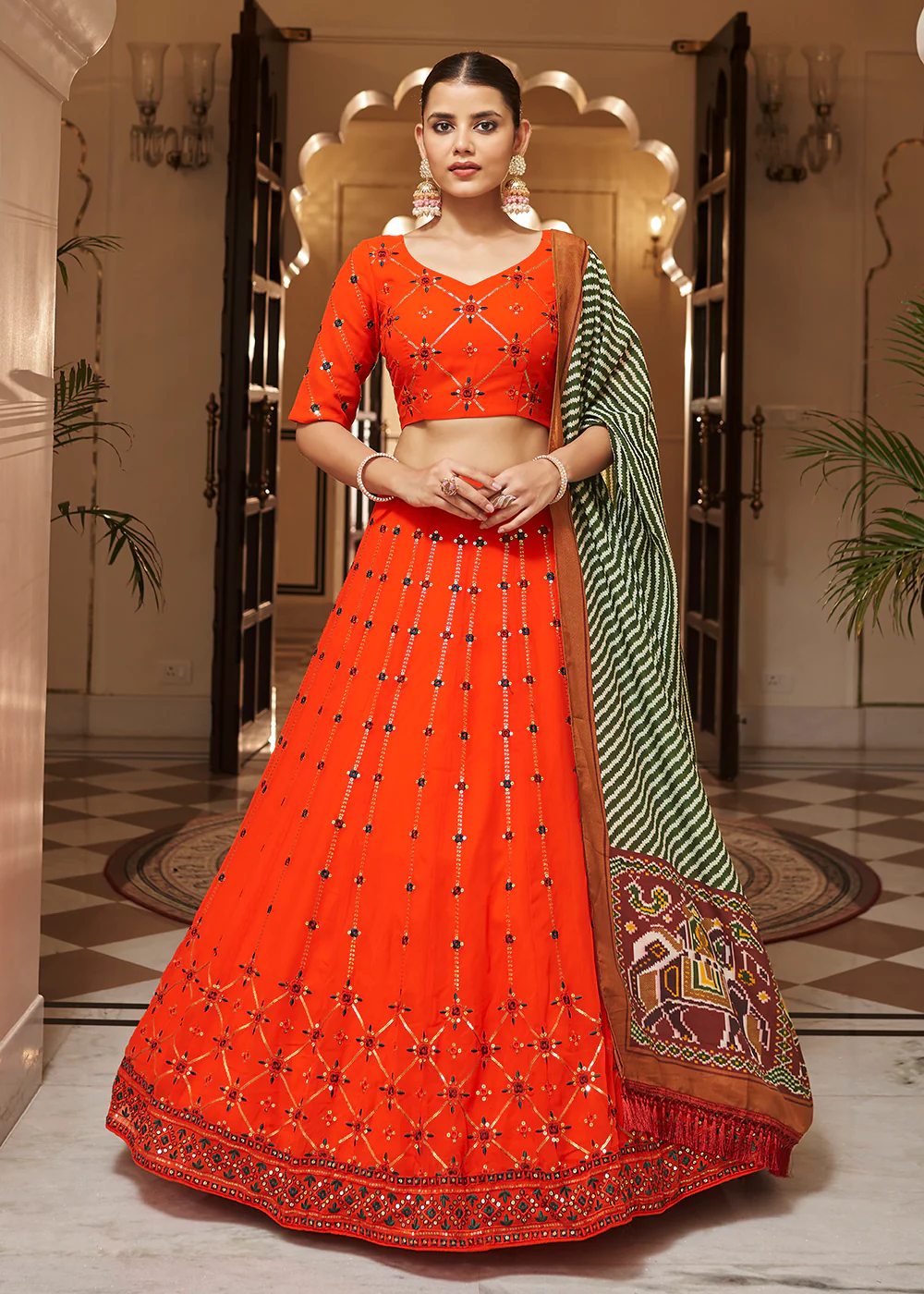 Enchanting Sequins Bright Orange Wedding Lehenga Choli