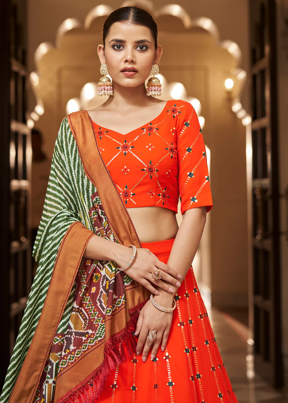 Enchanting Sequins Bright Orange Wedding Lehenga Choli - Image 2