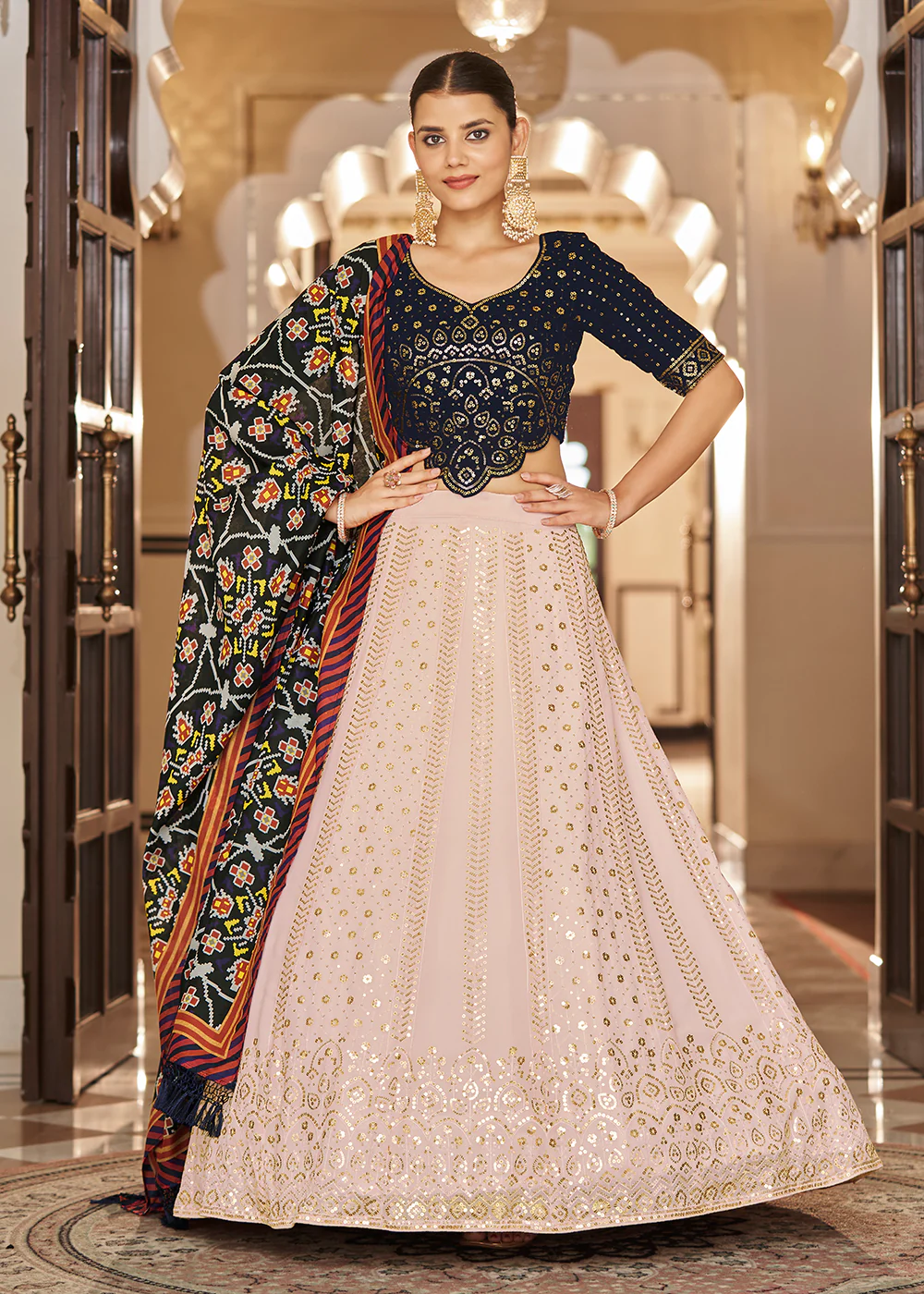 Enchanting Sequins Light Pink & Blue Wedding Lehenga Choli
