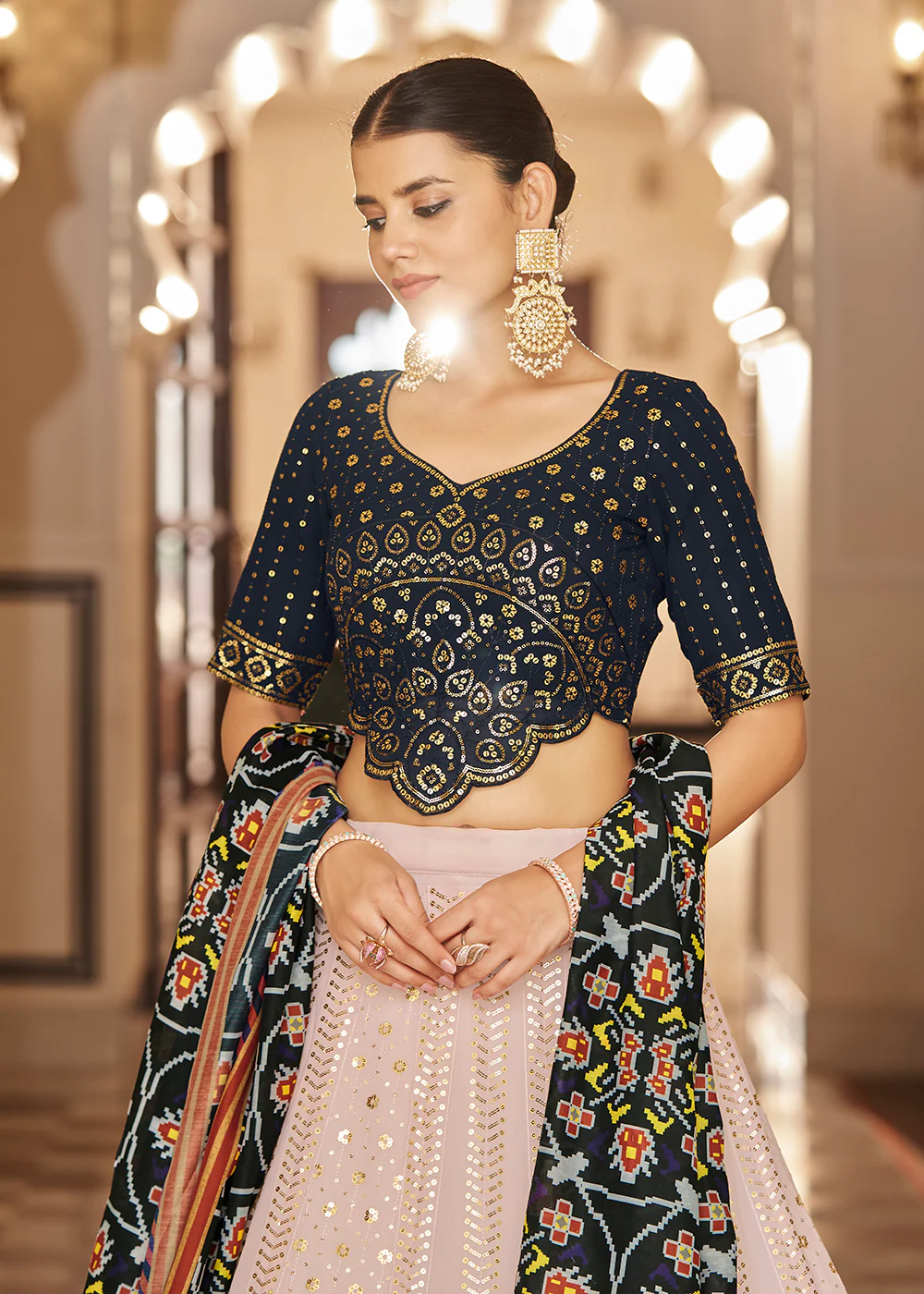 Enchanting Sequins Light Pink & Blue Wedding Lehenga Choli - Image 3