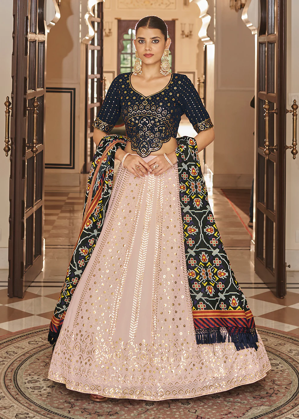 Enchanting Sequins Light Pink & Blue Wedding Lehenga Choli - Image 4