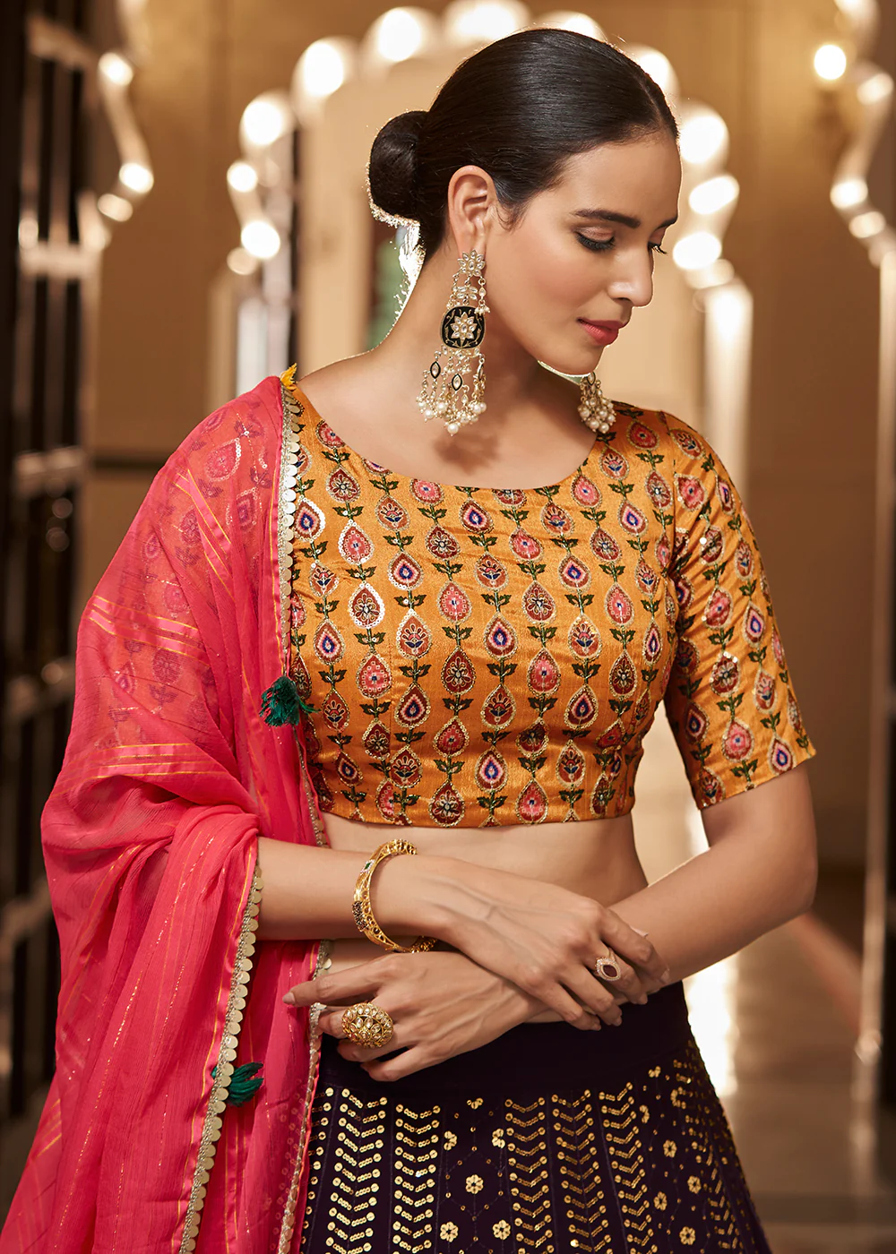 Enchanting Sequins Purple & Mustard Wedding Lehenga Choli - Image 2