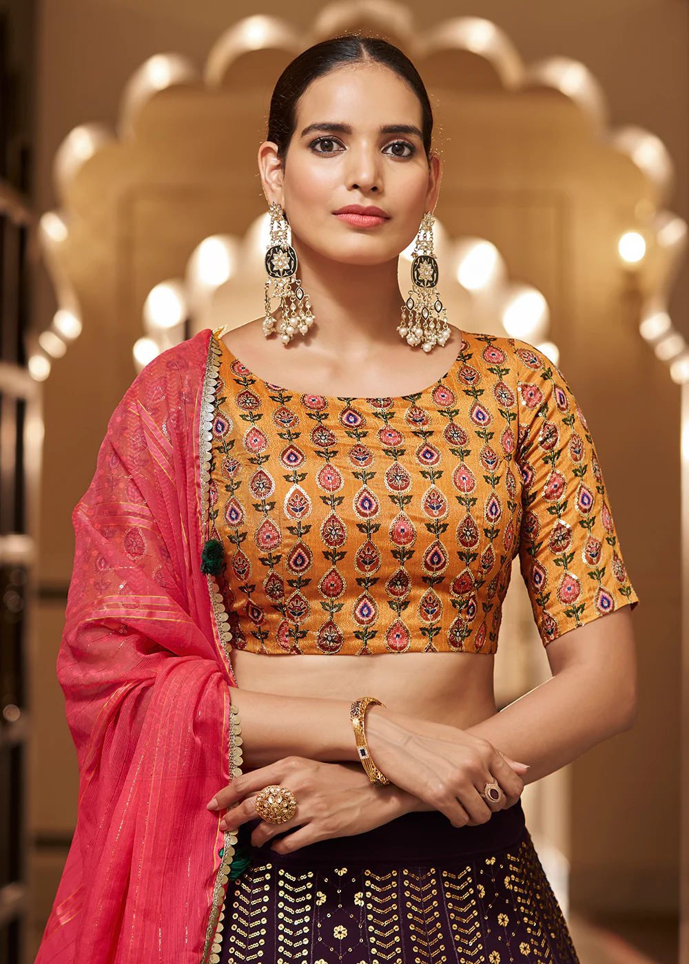 Enchanting Sequins Purple & Mustard Wedding Lehenga Choli - Image 3