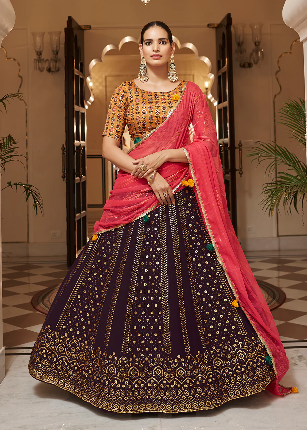 Enchanting Sequins Purple & Mustard Wedding Lehenga Choli - Image 4
