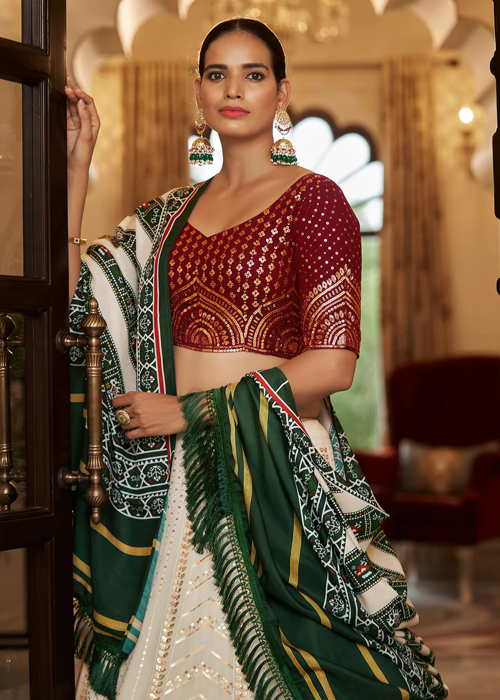 Enchanting Sequins White & Maroon Wedding Lehenga Choli - Image 2