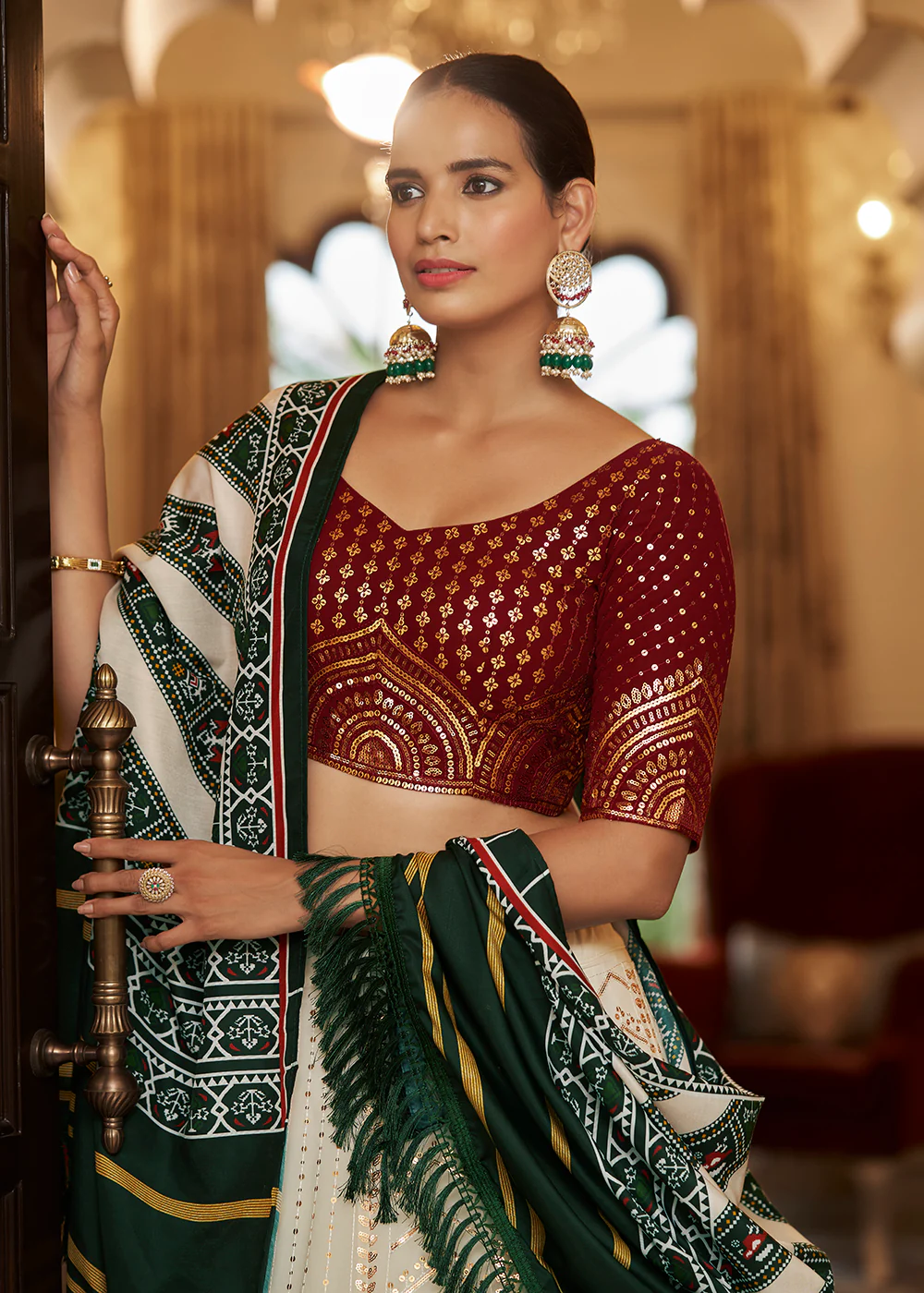 Enchanting Sequins White & Maroon Wedding Lehenga Choli - Image 3