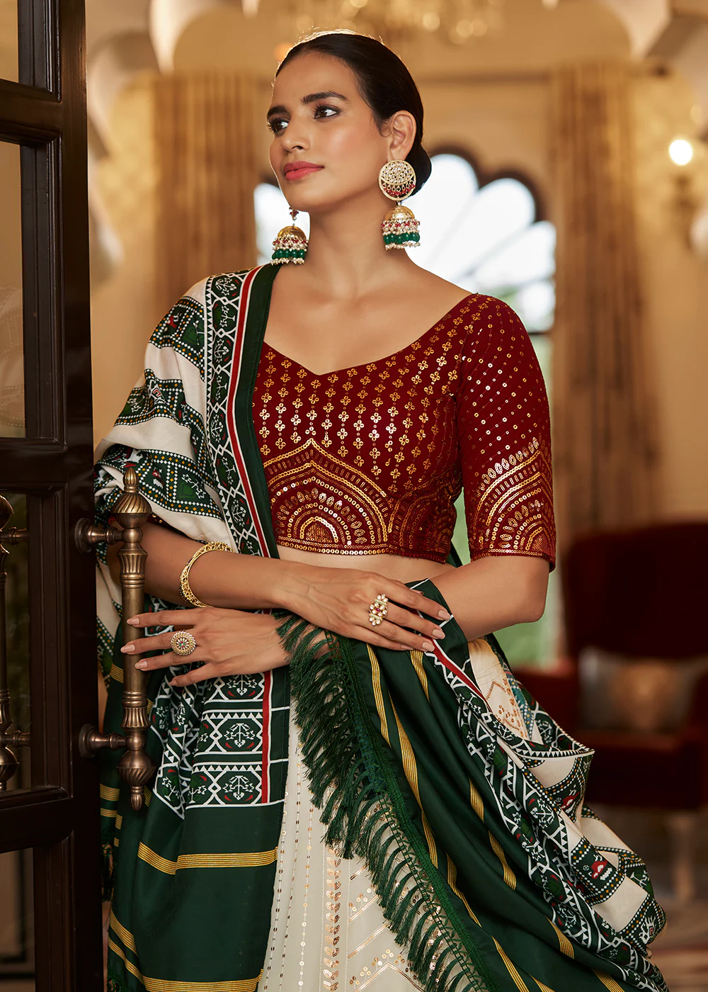Enchanting Sequins White & Maroon Wedding Lehenga Choli - Image 4