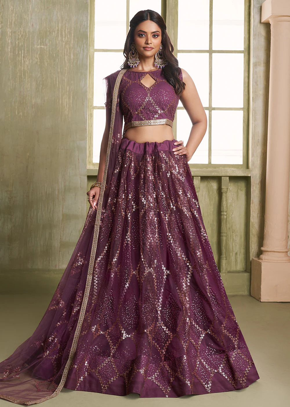 Enchanting Wine Net Wedding Festive Lehenga Choli