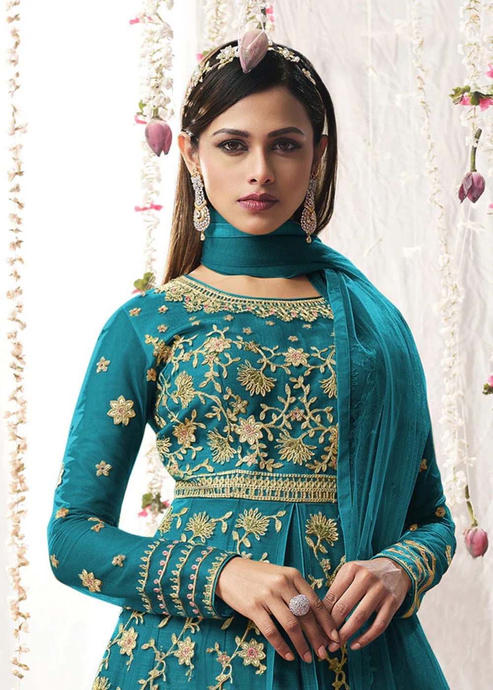 Engaging Cyan Blue Wedding Festive Floor Length Anarkali Suit - Image 2