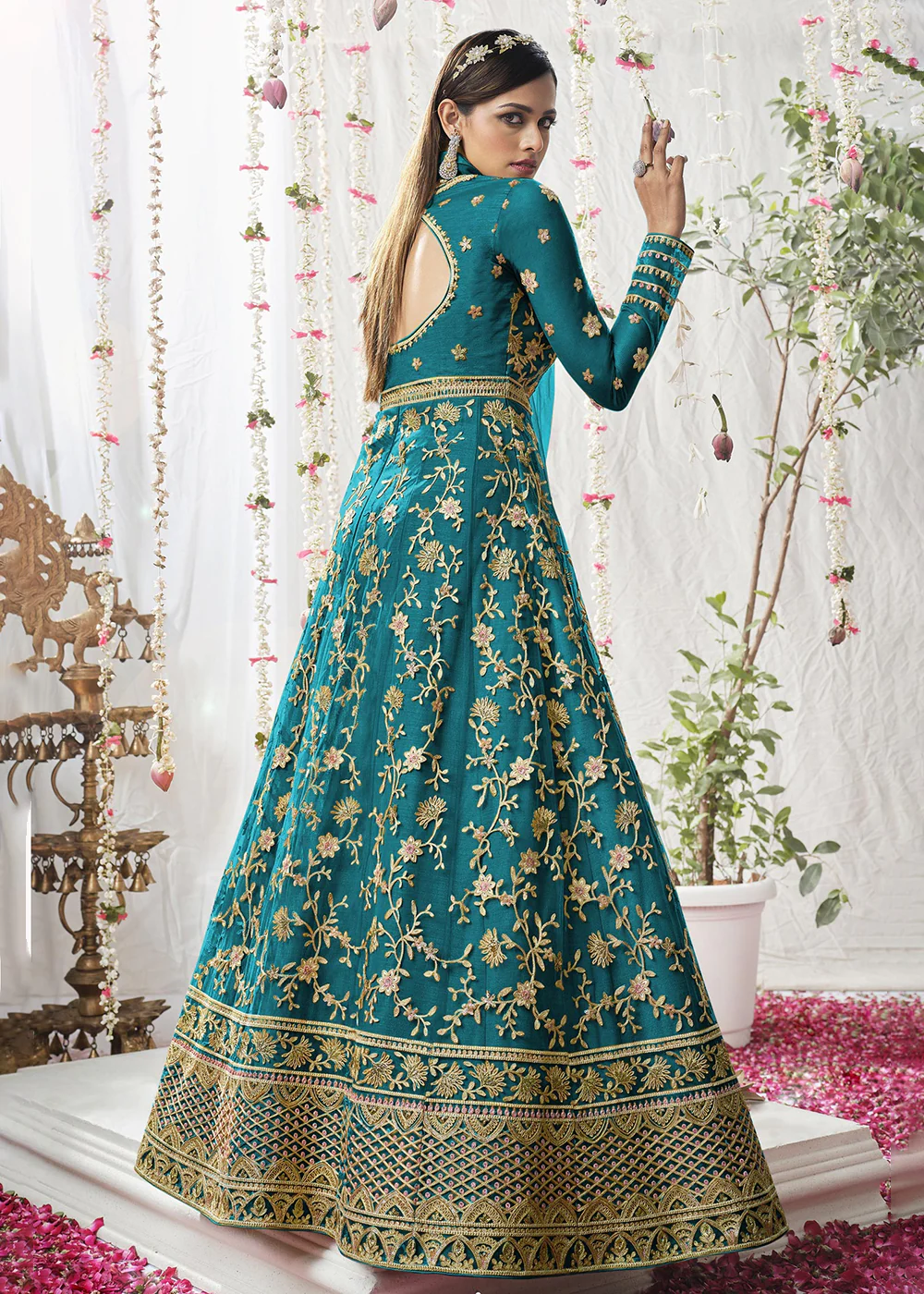 Engaging Cyan Blue Wedding Festive Floor Length Anarkali Suit - Image 3