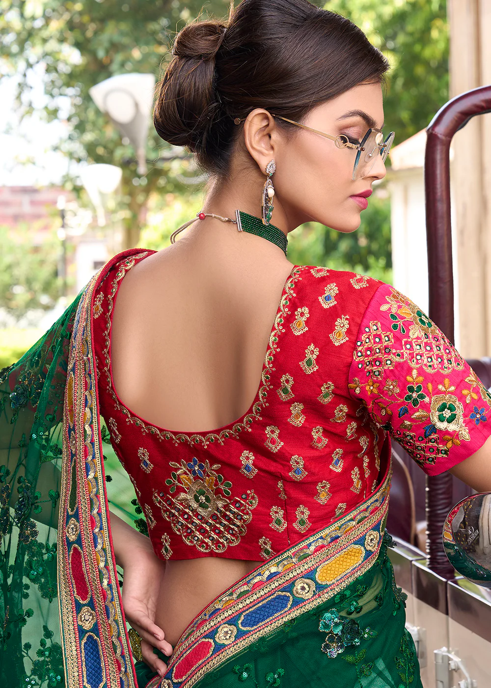 Engaging Green Applique Net Designer Bridal Party Wear Saree - Image 3