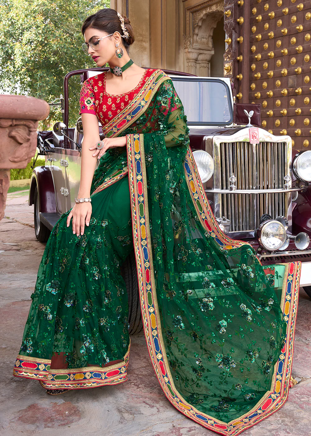 Engaging Green Applique Net Designer Bridal Party Wear Saree - Image 4