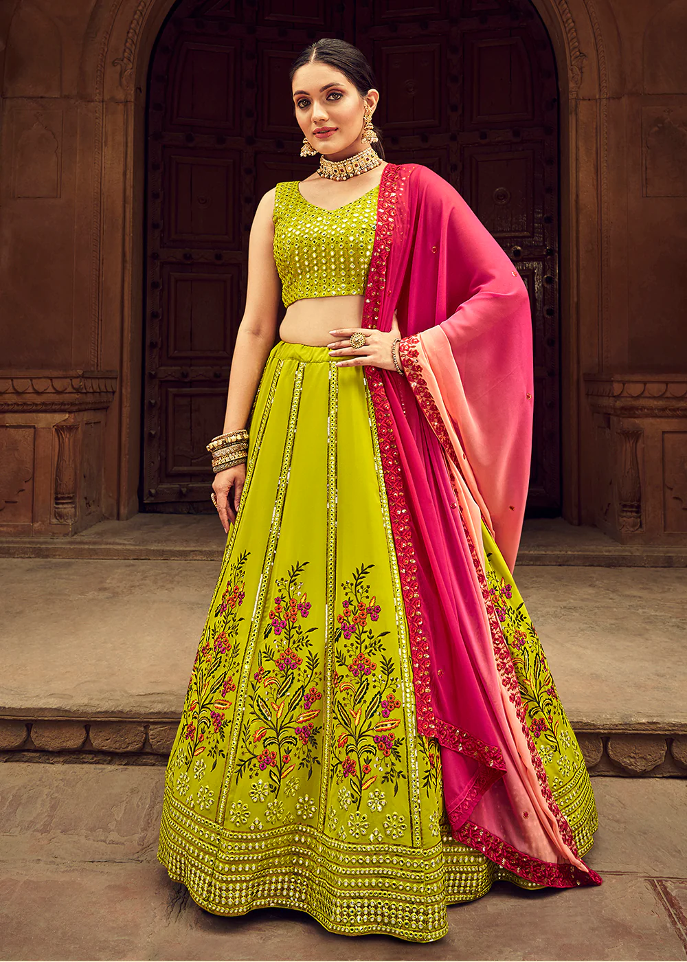 Engaging Green Bridesmaid Georgette Wedding Lehenga Choli - Image 4