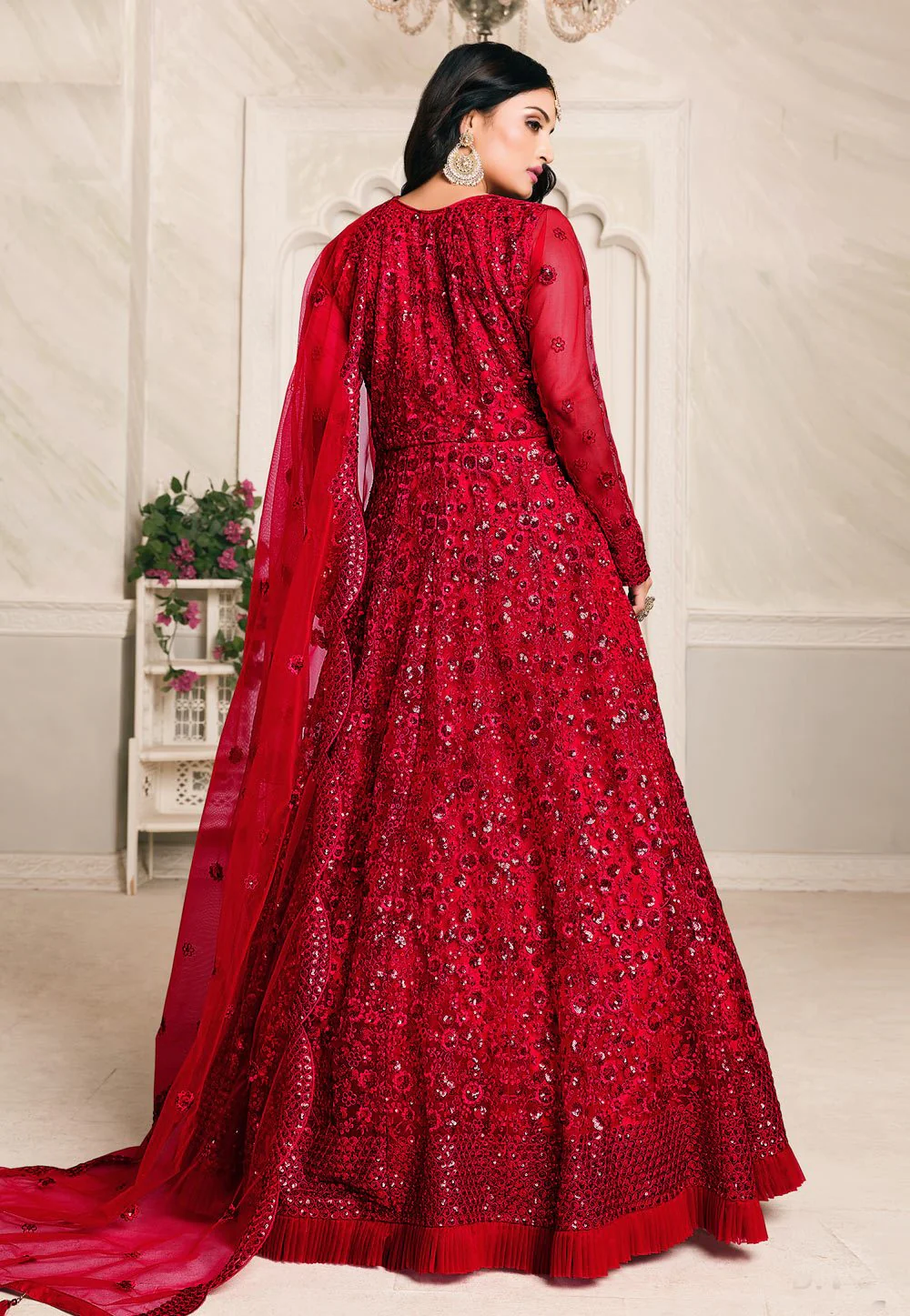 Engaging Red Net Embroidered Abaya Style Anarkali Suit - Image 3